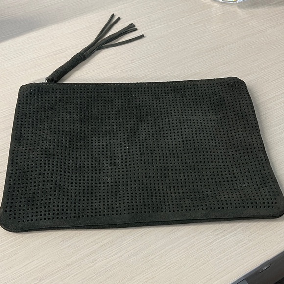 Monserat De Lucca Dark Olive Green Orado Perforated Suede Zip Pouch Clutch Bag - Picture 1 of 9
